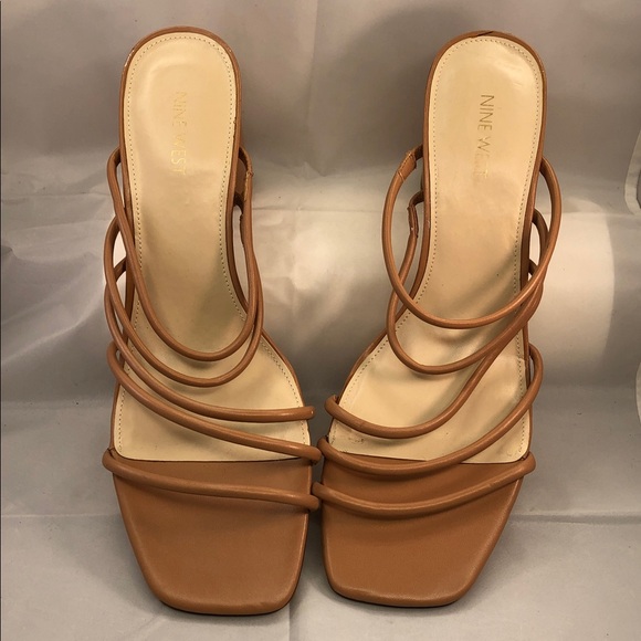 Nine West Shoes - Nine West Cognac Multi-Strap Square-Toe Slide Heels